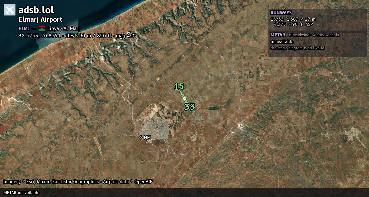 Satellite map with the runway layout of Elmarj Airport (HLMJ)