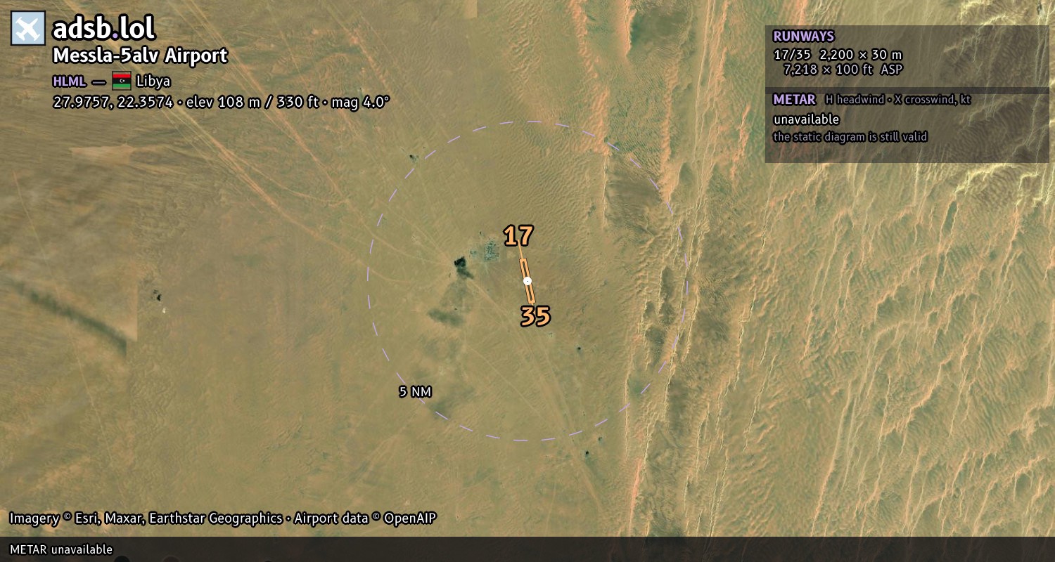 Satellite map with the runway layout of Messla-5alv Airport (HLML)
