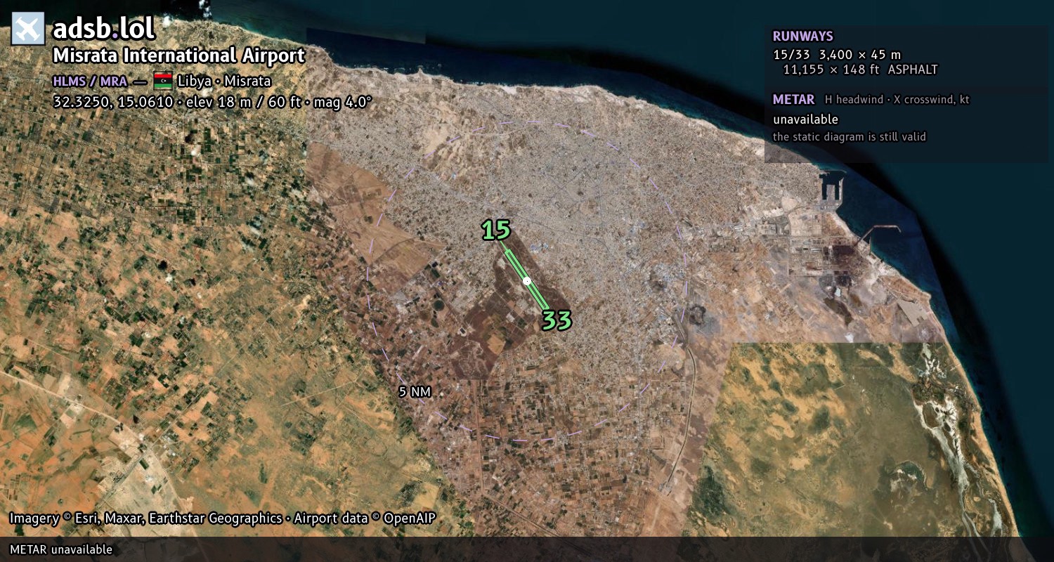 Satellite map with the runway layout of Misrata International Airport (HLMS)