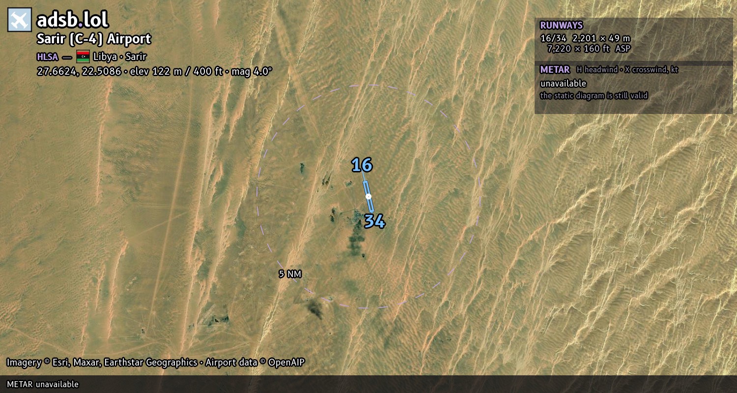 Satellite map with the runway layout of Sarir (C-4) Airport (HLSA)