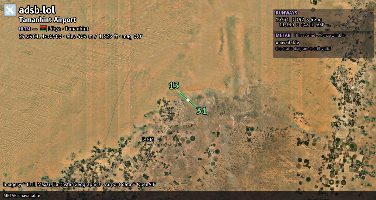 Satellite map with the runway layout of Tamanhint Airport (HLTM)