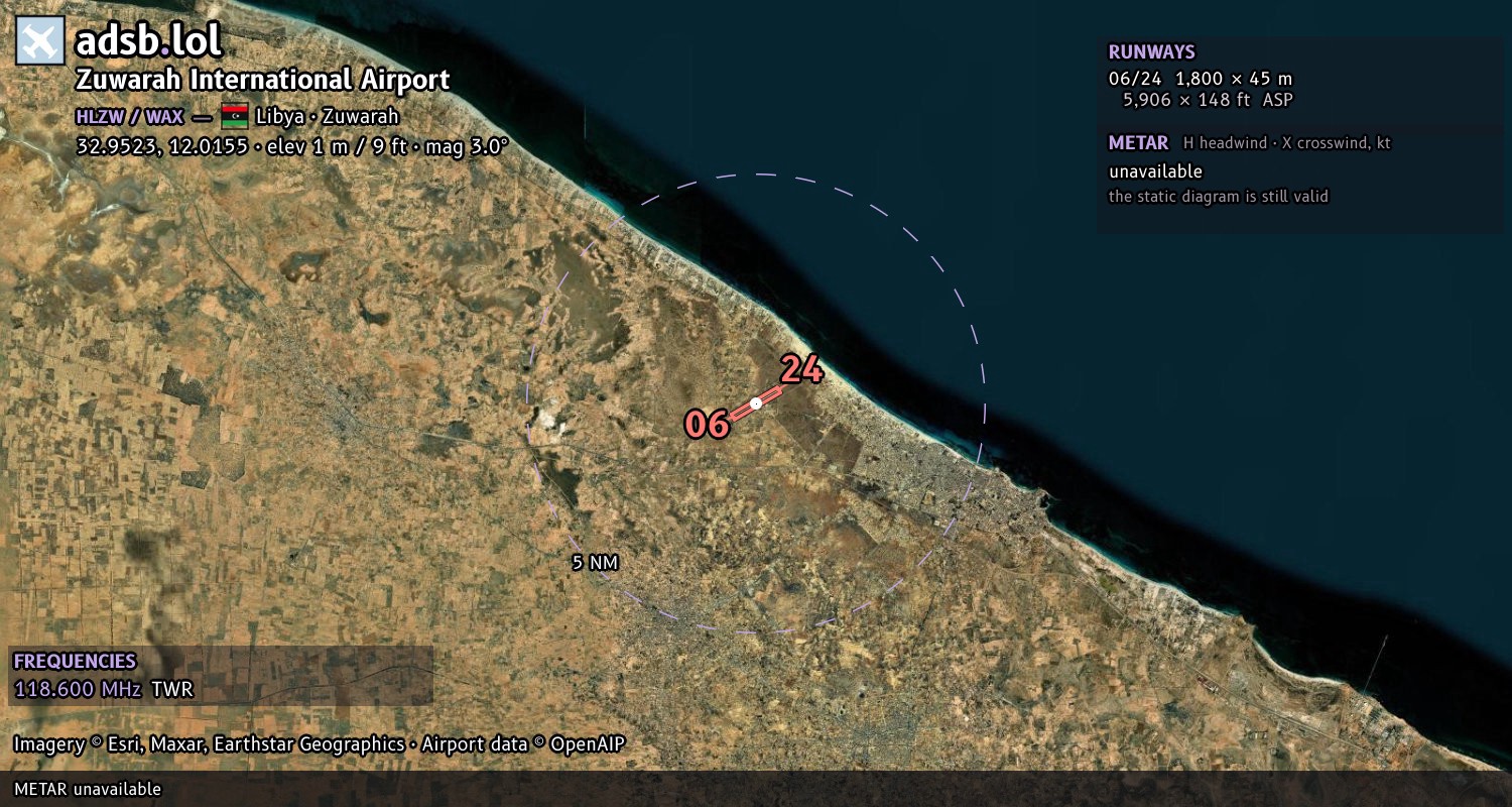 Satellite map with the runway layout of Zuwarah International Airport (HLZW)