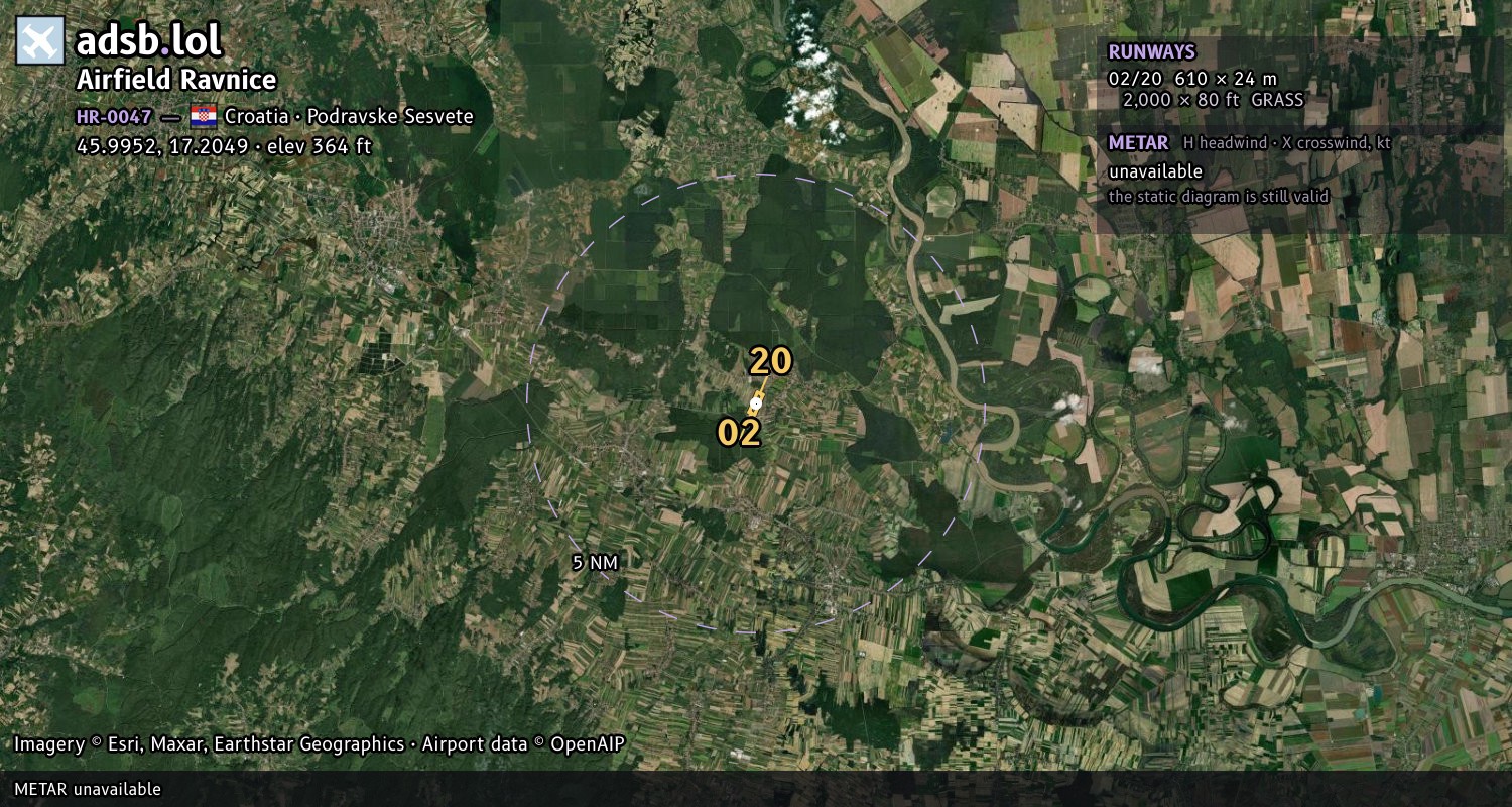 Satellite map with the runway layout of Airfield Ravnice (HR-0047)