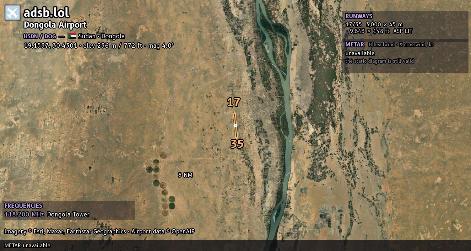 Satellite map with the runway layout of Dongola Airport (HSDN)