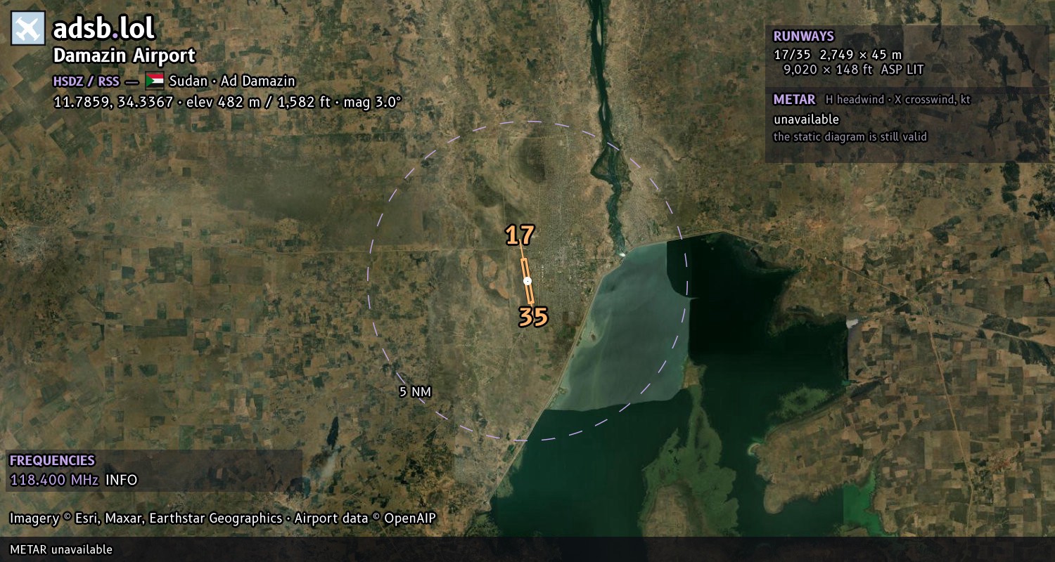 Satellite map with the runway layout of Damazin Airport (HSDZ)