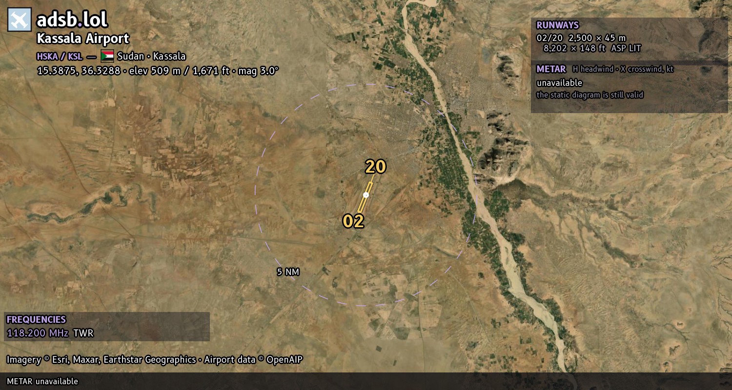 Satellite map with the runway layout of Kassala Airport (HSKA)
