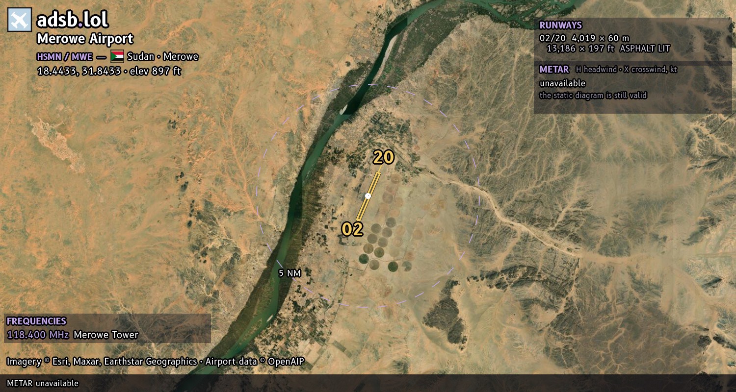 Satellite map with the runway layout of Merowe Airport (HSMN)