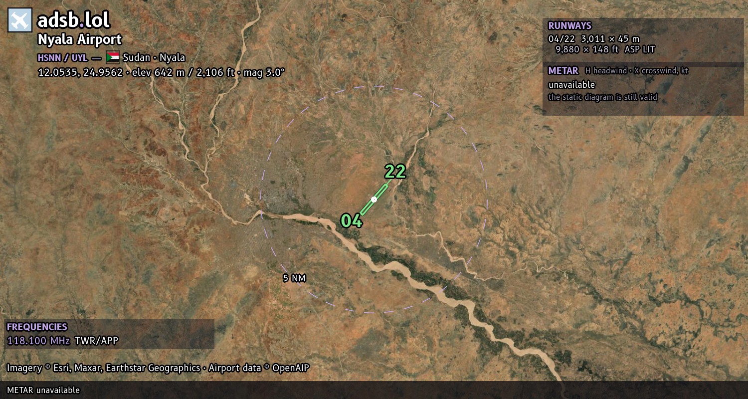 Satellite map with the runway layout of Nyala Airport (HSNN)