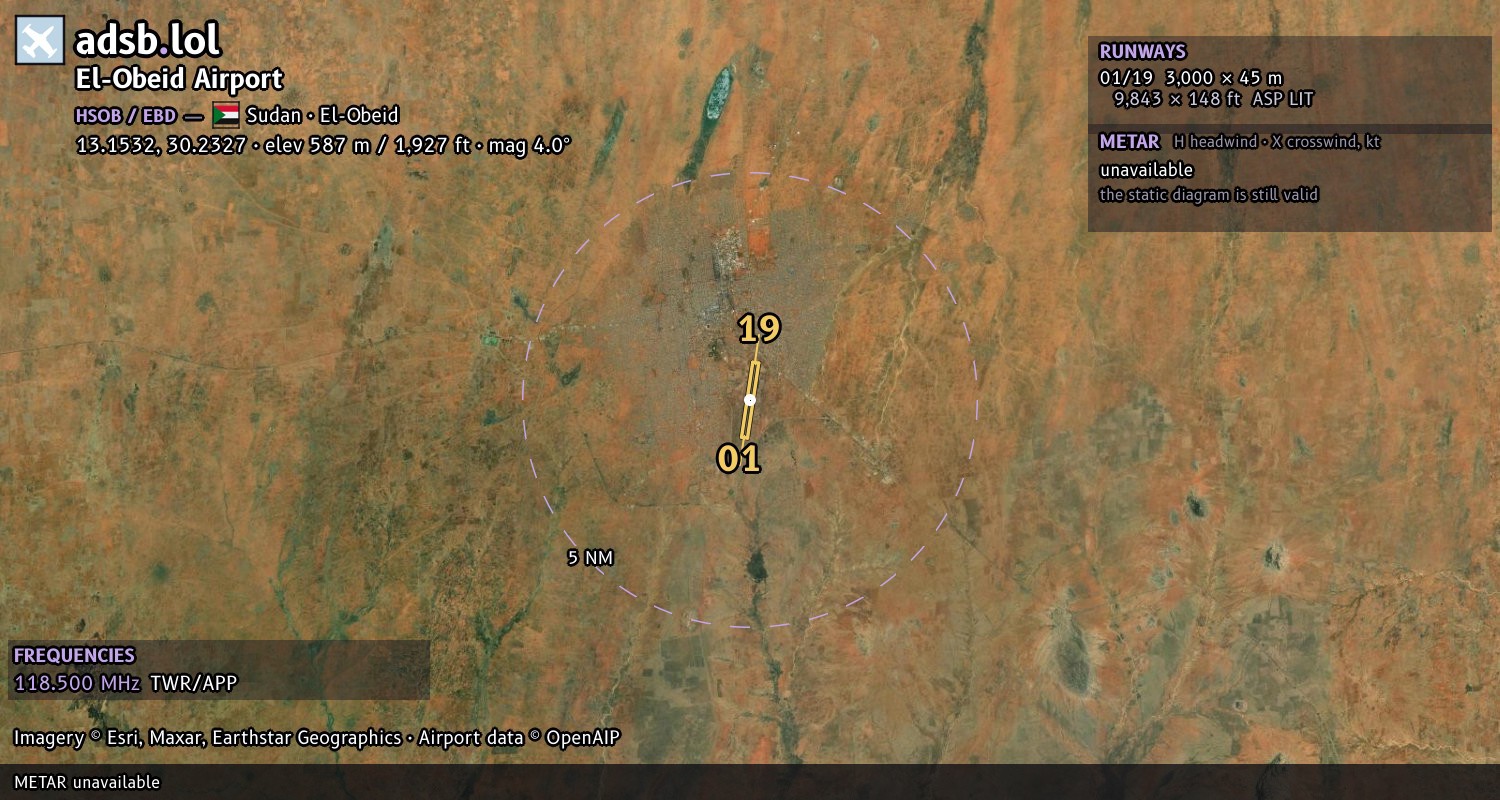 Satellite map with the runway layout of El-Obeid Airport (HSOB)