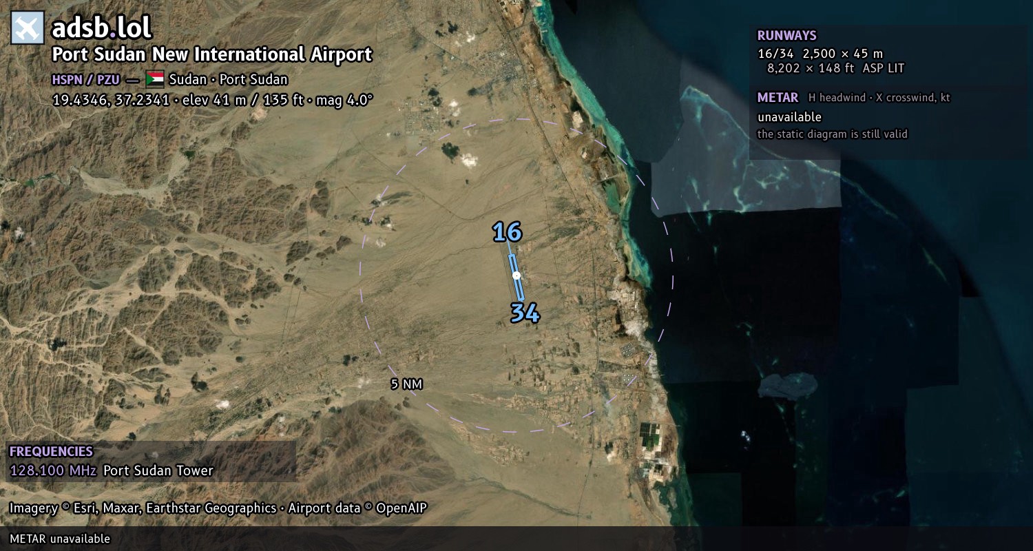 Satellite map with the runway layout of Port Sudan New International Airport (HSPN)