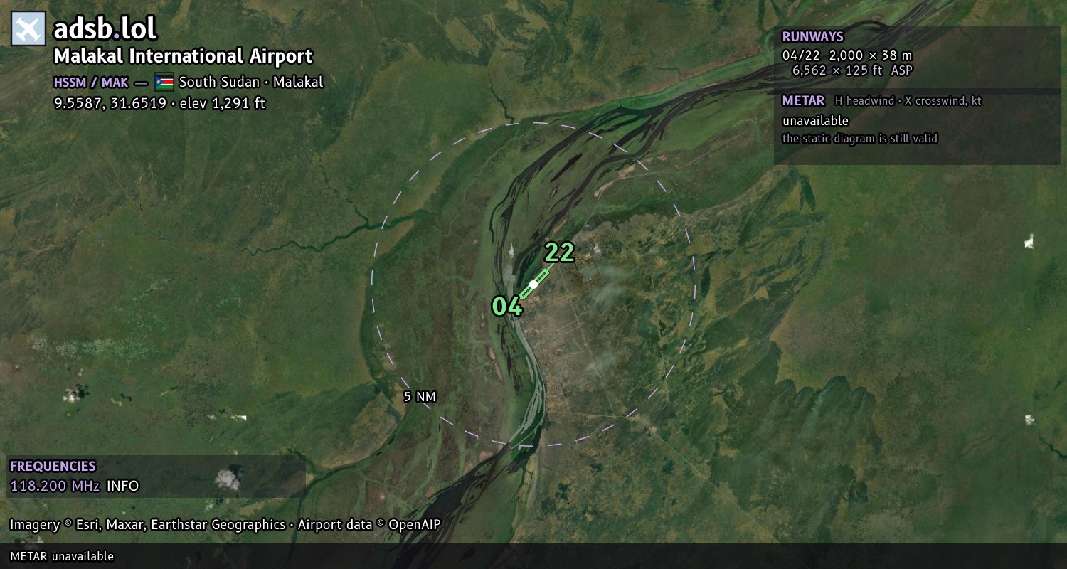 Satellite map with the runway layout of Malakal International Airport (HSSM)