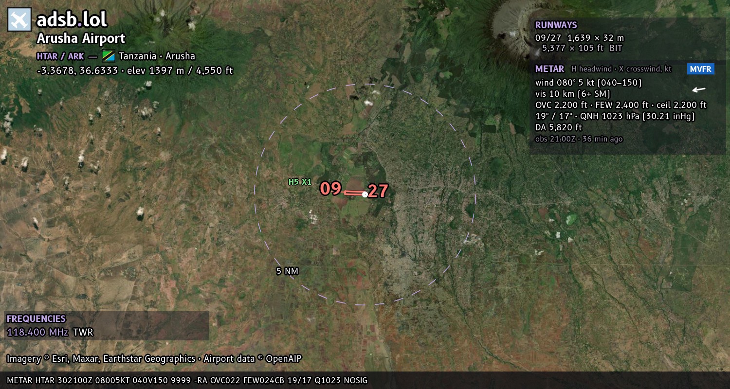 Satellite map with the runway layout of Arusha Airport (HTAR)