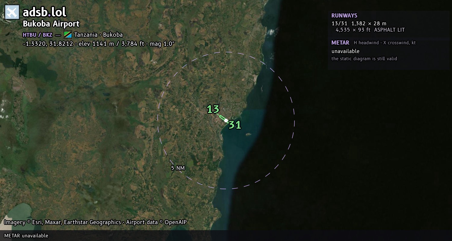 Satellite map with the runway layout of Bukoba Airport (HTBU)