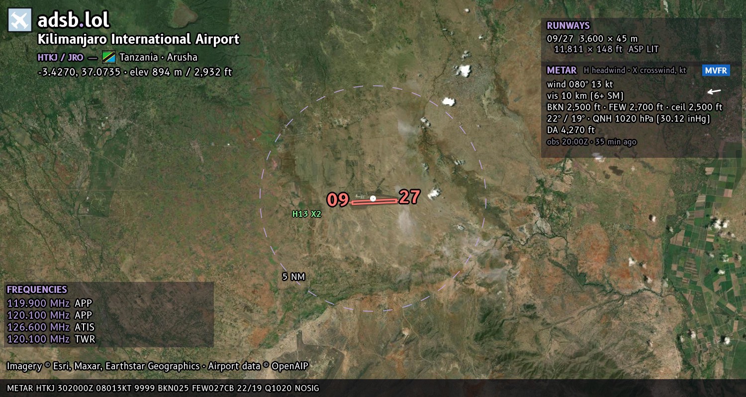 Satellite map with the runway layout of Kilimanjaro International Airport (HTKJ)