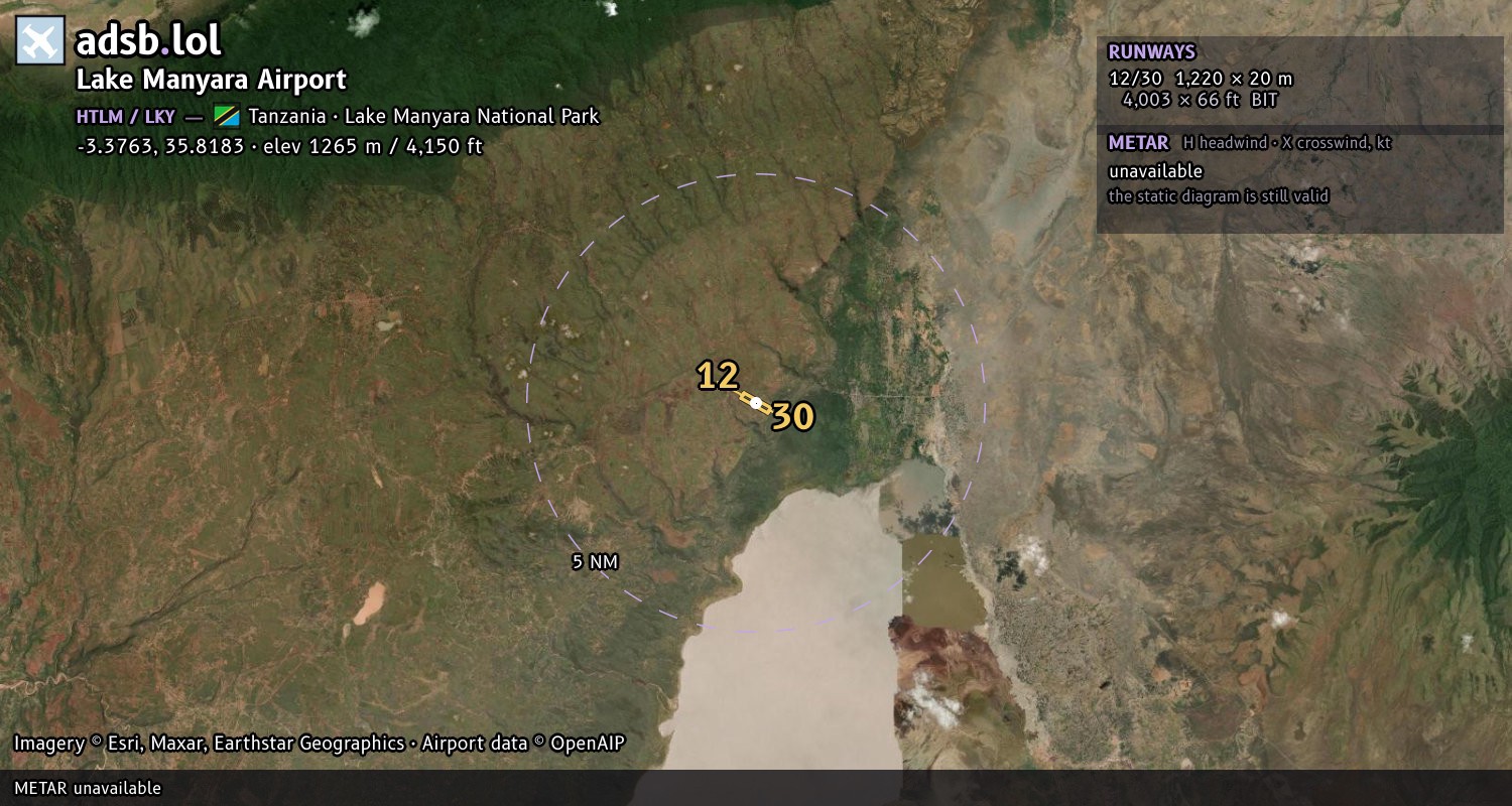 Satellite map with the runway layout of Lake Manyara Airport (HTLM)