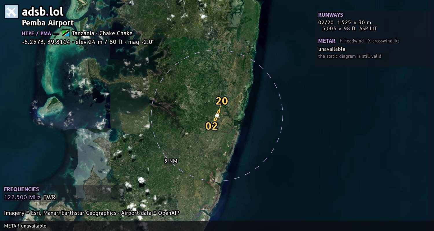 Satellite map with the runway layout of Pemba Airport (HTPE)