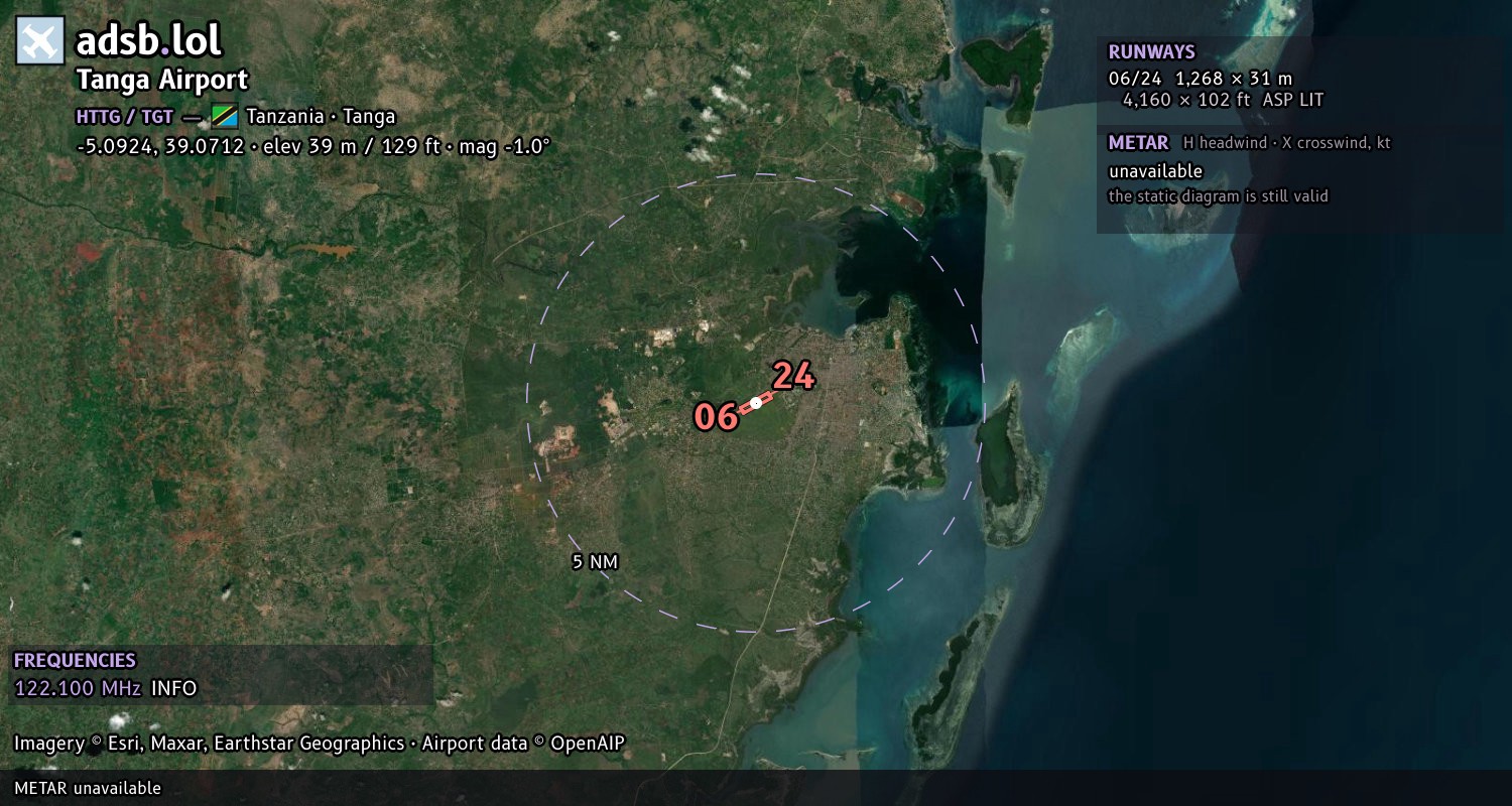 Satellite map with the runway layout of Tanga Airport (HTTG)