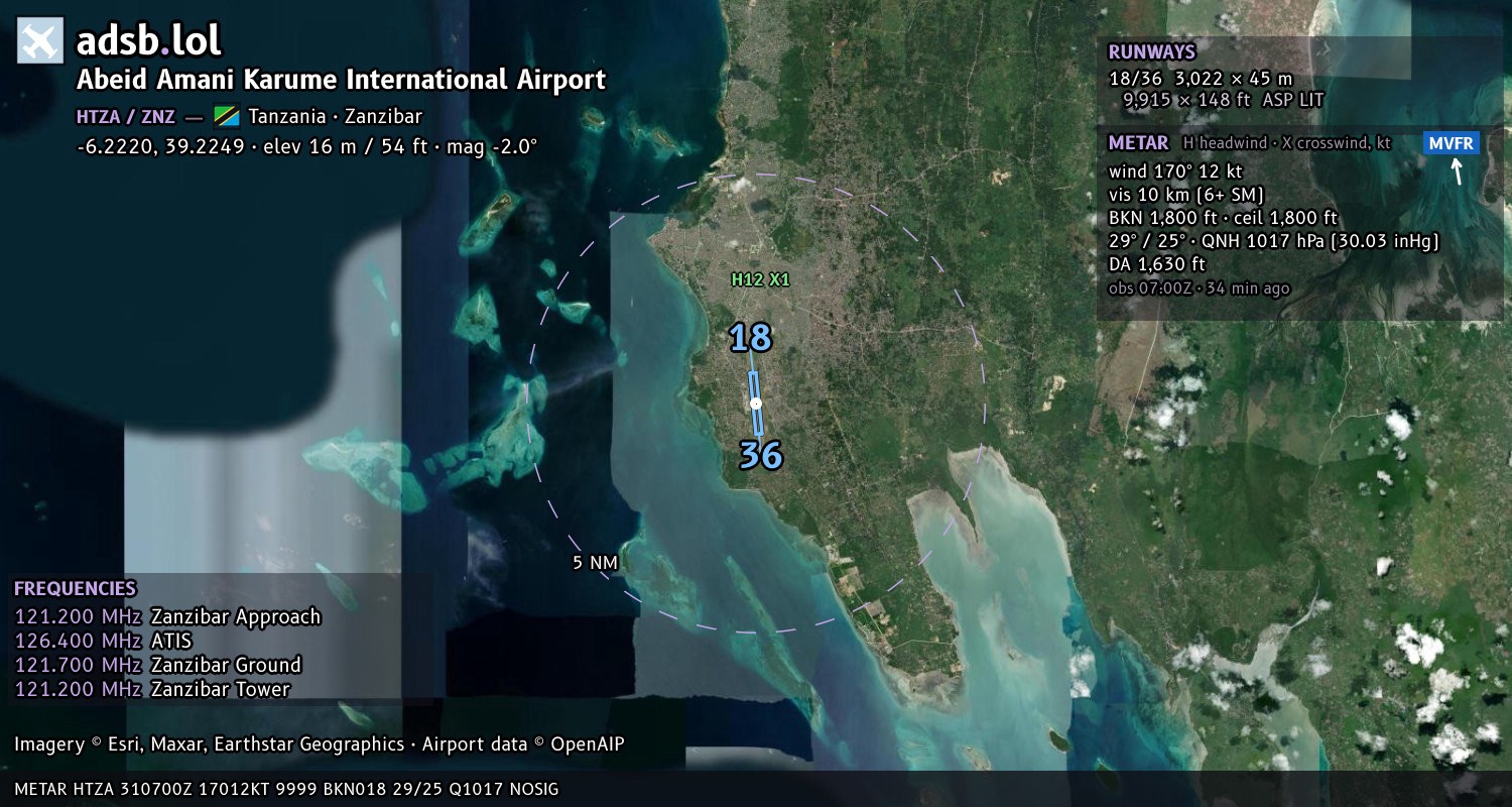 Satellite map with the runway layout of Abeid Amani Karume International Airport (HTZA)