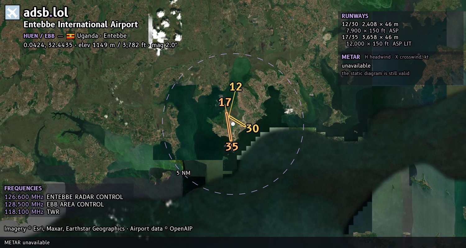 Satellite map with the runway layout of Entebbe International Airport (HUEN)