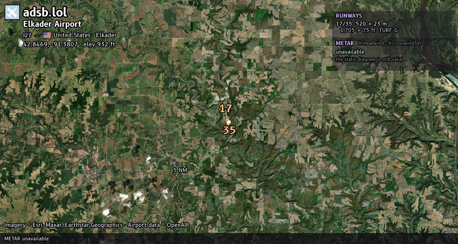Satellite map with the runway layout of Elkader Airport (I27)
