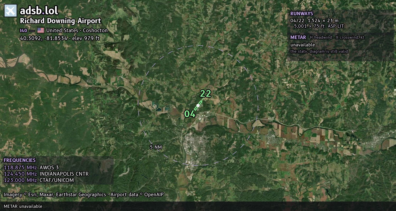 Satellite map with the runway layout of Richard Downing Airport (I40)