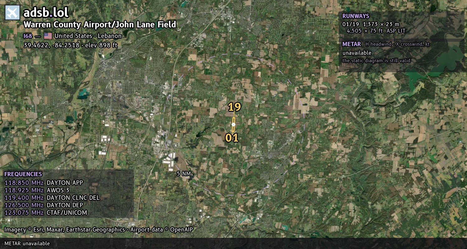 Satellite map with the runway layout of Warren County Airport/John Lane Field (I68)