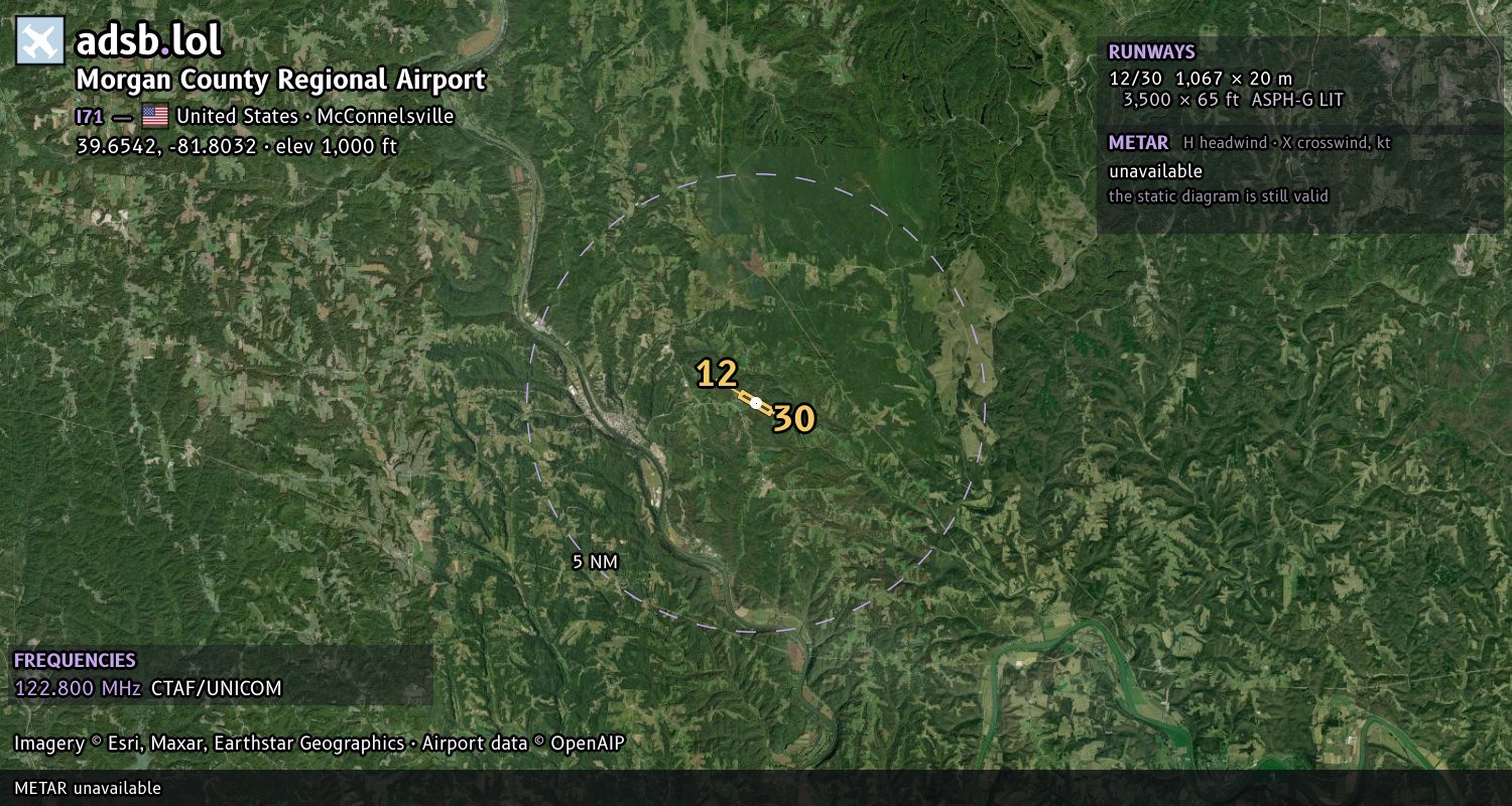 Satellite map with the runway layout of Morgan County Regional Airport (I71)