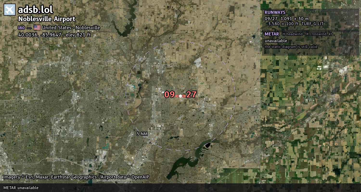 Satellite map with the runway layout of Noblesville Airport (I80)
