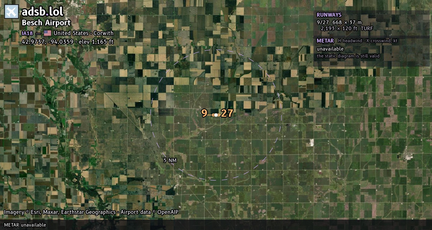 Satellite map with the runway layout of Besch Airport (IA18)