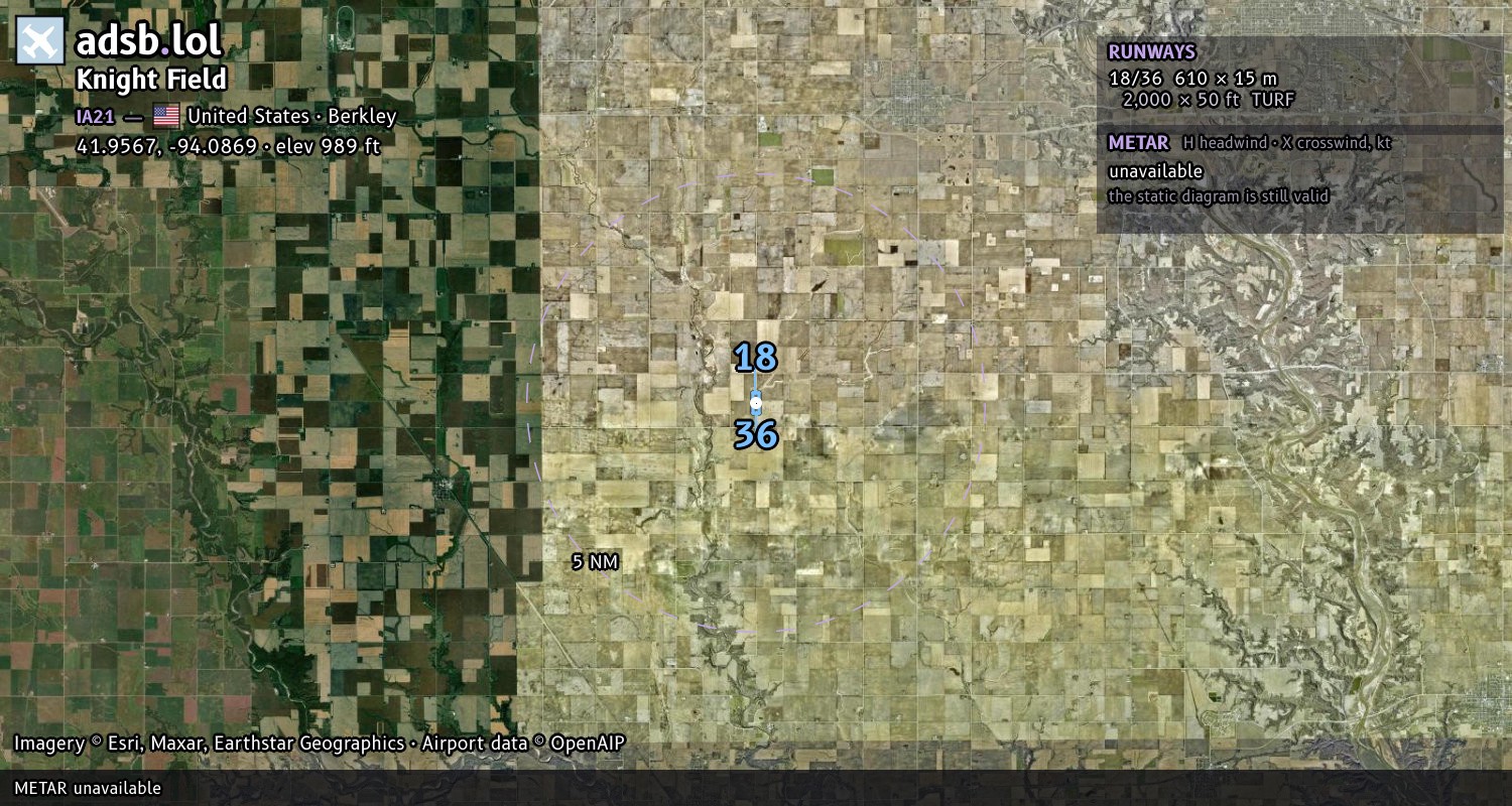Satellite map with the runway layout of Knight Field (IA21)