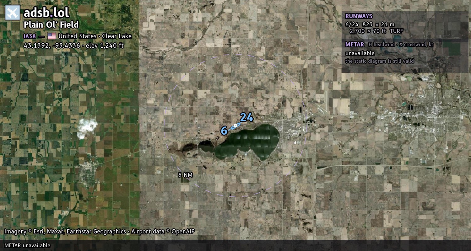 Satellite map with the runway layout of Plain Ol' Field (IA38)