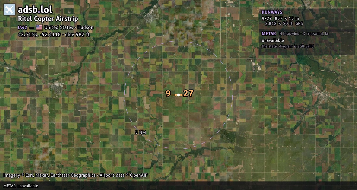 Satellite map with the runway layout of Ritel Copter Airstrip (IA42)
