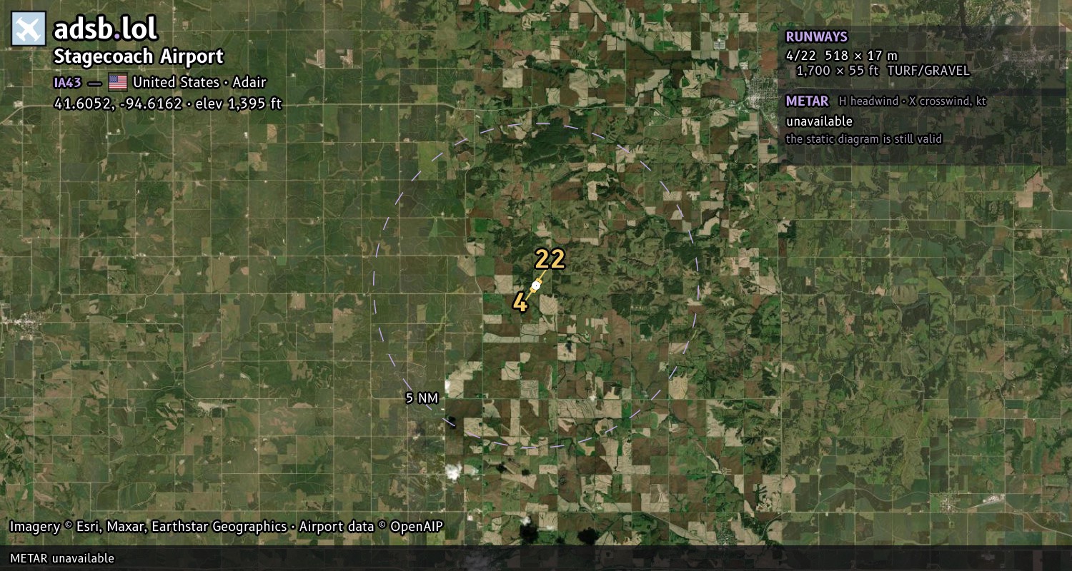 Satellite map with the runway layout of Stagecoach Airport (IA43)