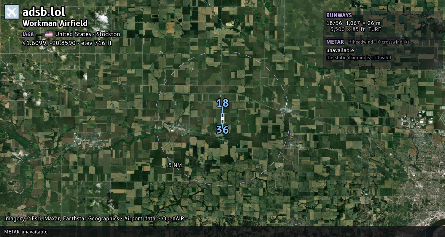 Satellite map with the runway layout of Workman Airfield (IA68)