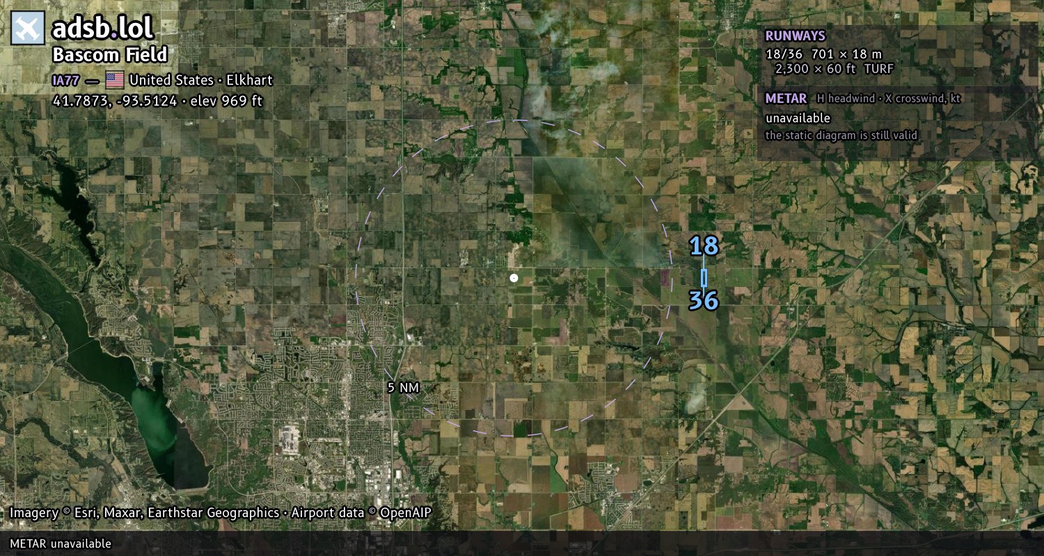 Satellite map with the runway layout of Bascom Field (IA77)