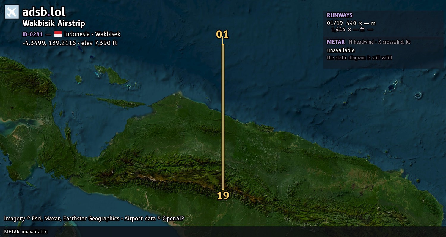 Satellite map with the runway layout of Wakbisik Airstrip (ID-0281)