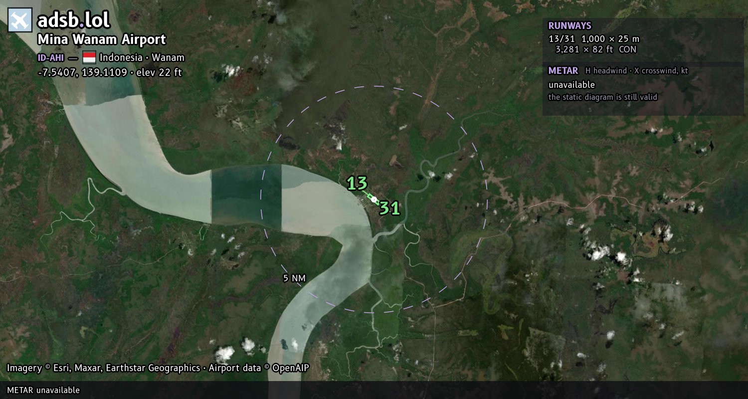 Satellite map with the runway layout of Mina Wanam Airport (ID-AHI)