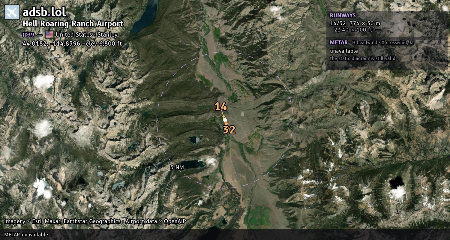 Satellite map with the runway layout of Hell Roaring Ranch Airport (ID39)