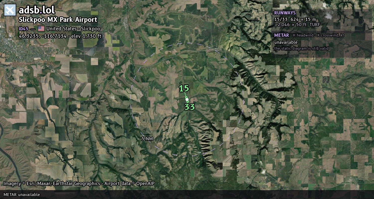 Satellite map with the runway layout of Slickpoo MX Park Airport (ID45)