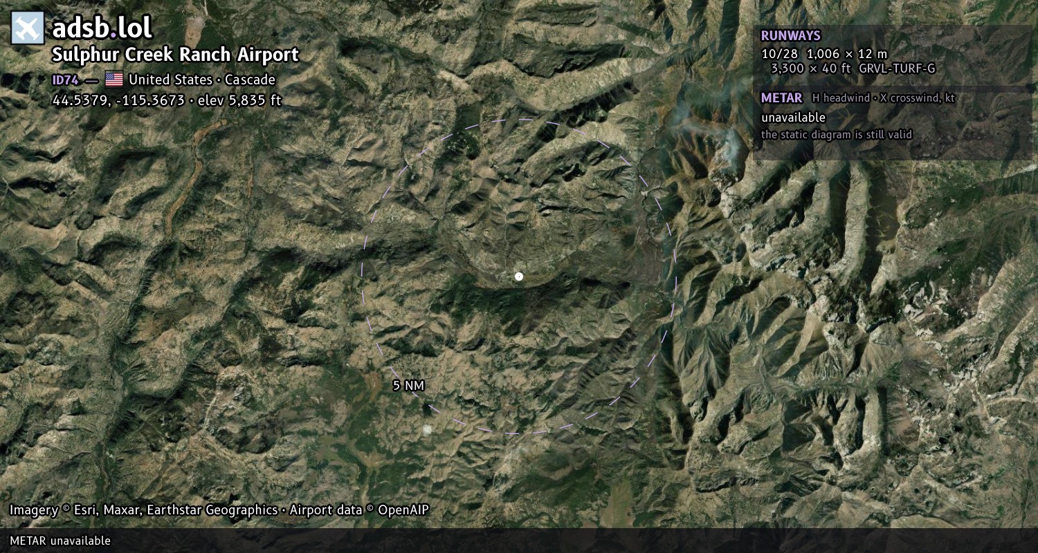 Satellite map with the runway layout of Sulphur Creek Ranch Airport (ID74)