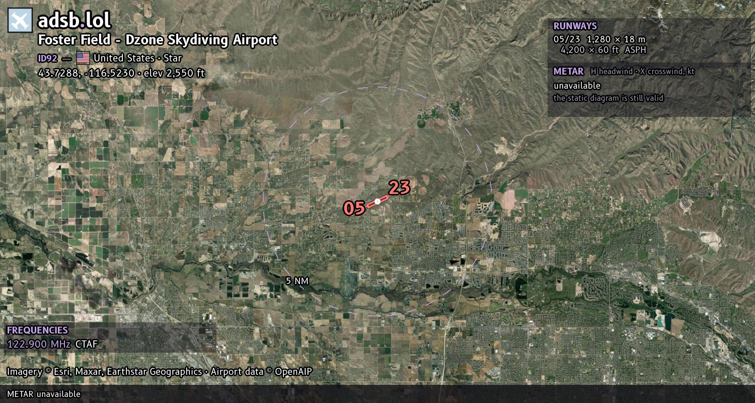 Satellite map with the runway layout of Foster Field - Dzone Skydiving Airport (ID92)