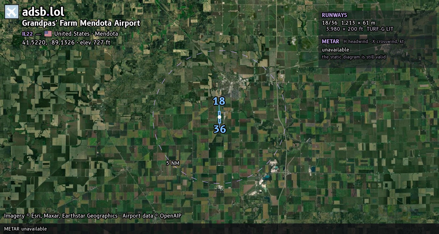 Satellite map with the runway layout of Grandpas' Farm Mendota Airport (IL22)