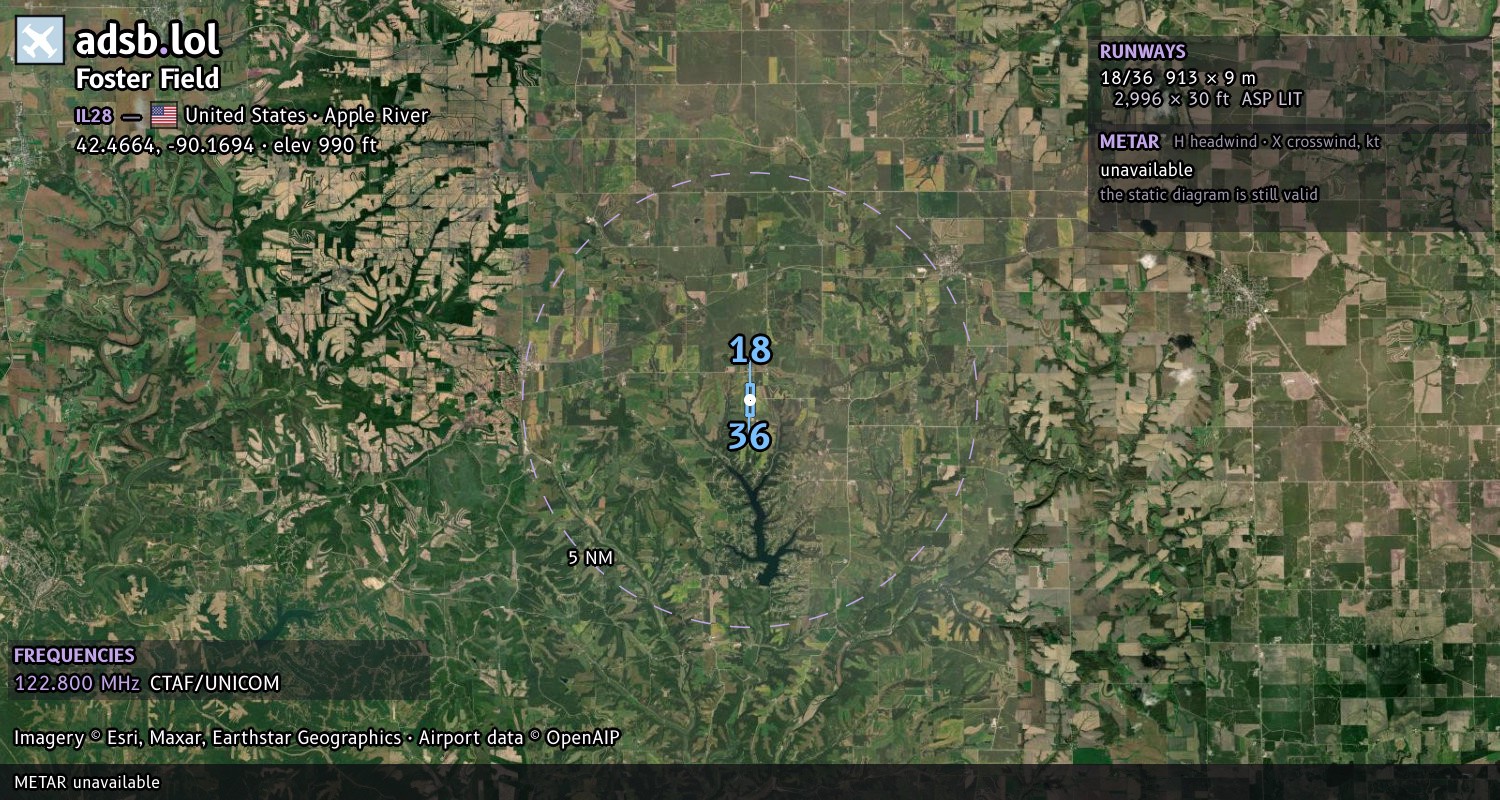 Satellite map with the runway layout of Foster Field (IL28)
