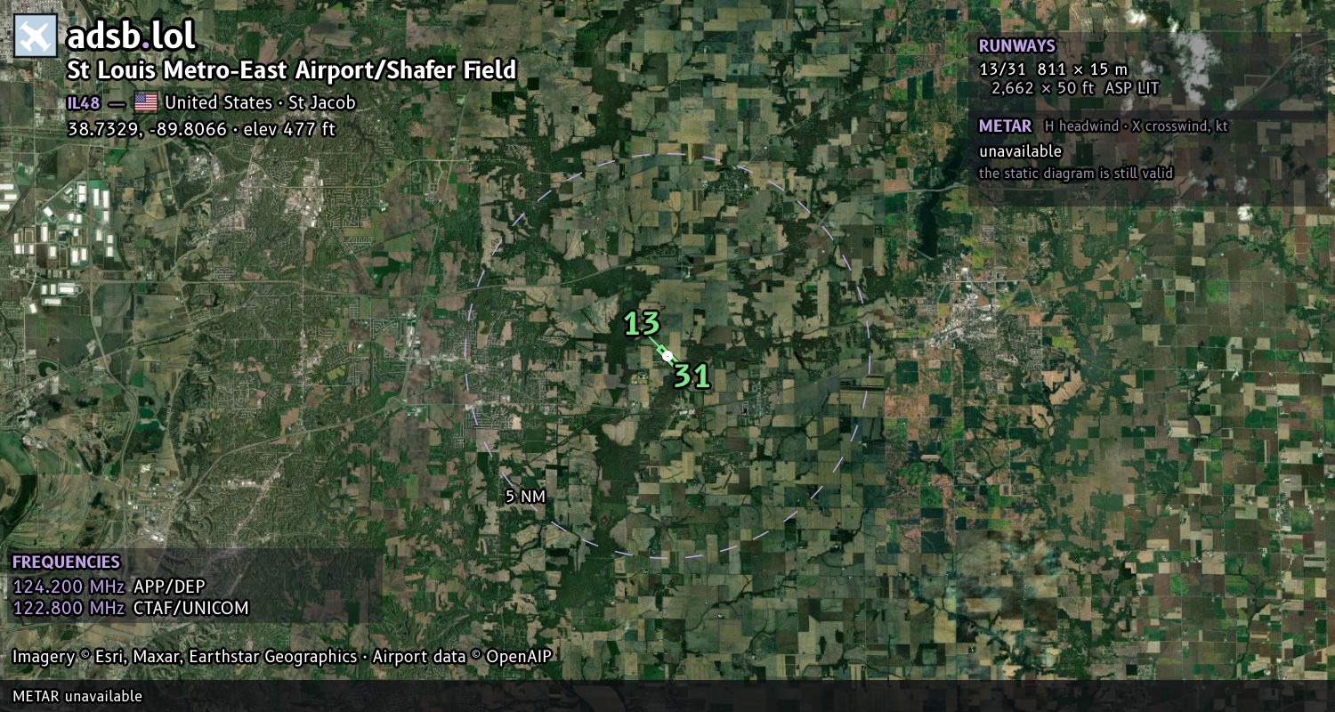 Satellite map with the runway layout of St Louis Metro-East Airport/Shafer Field (IL48)