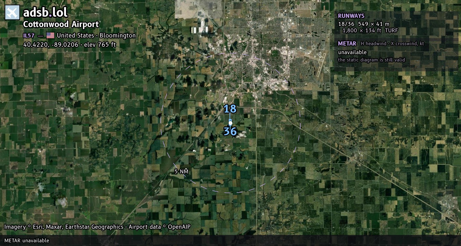 Satellite map with the runway layout of Cottonwood Airport (IL57)