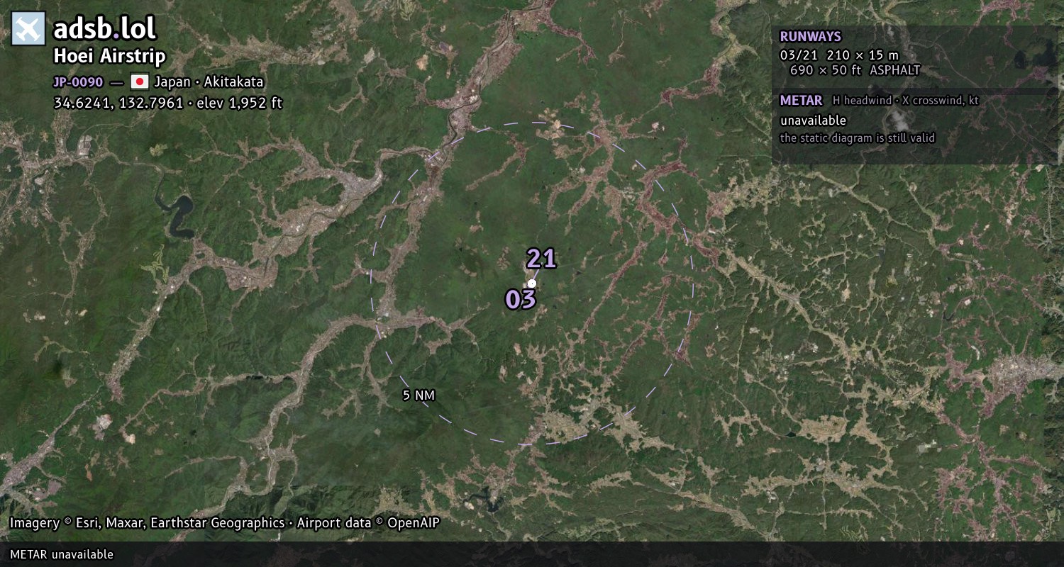 Satellite map with the runway layout of Hoei Airstrip (JP-0090)