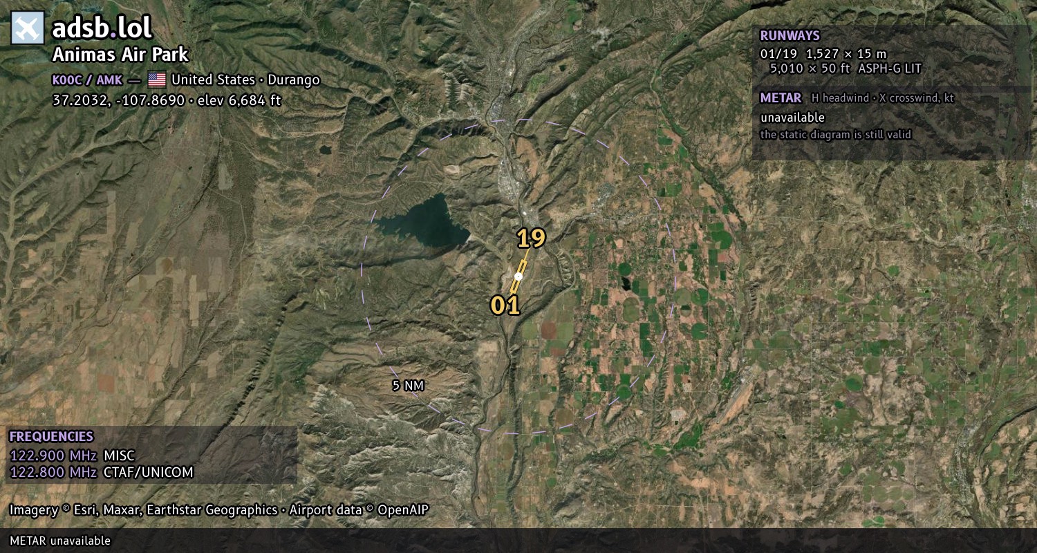 Satellite map with the runway layout of Animas Air Park (K00C)