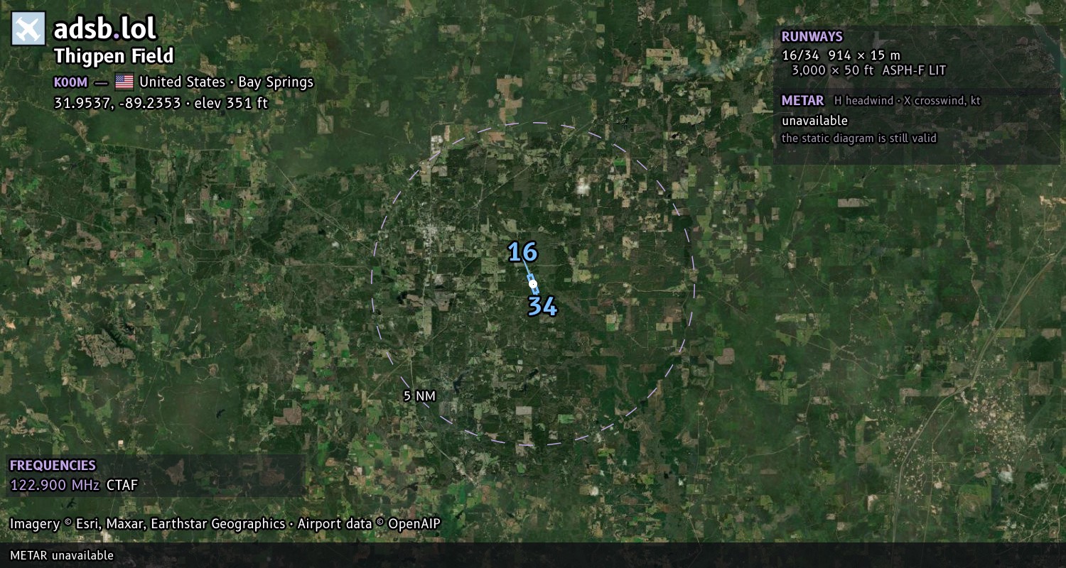 Satellite map with the runway layout of Thigpen Field (K00M)