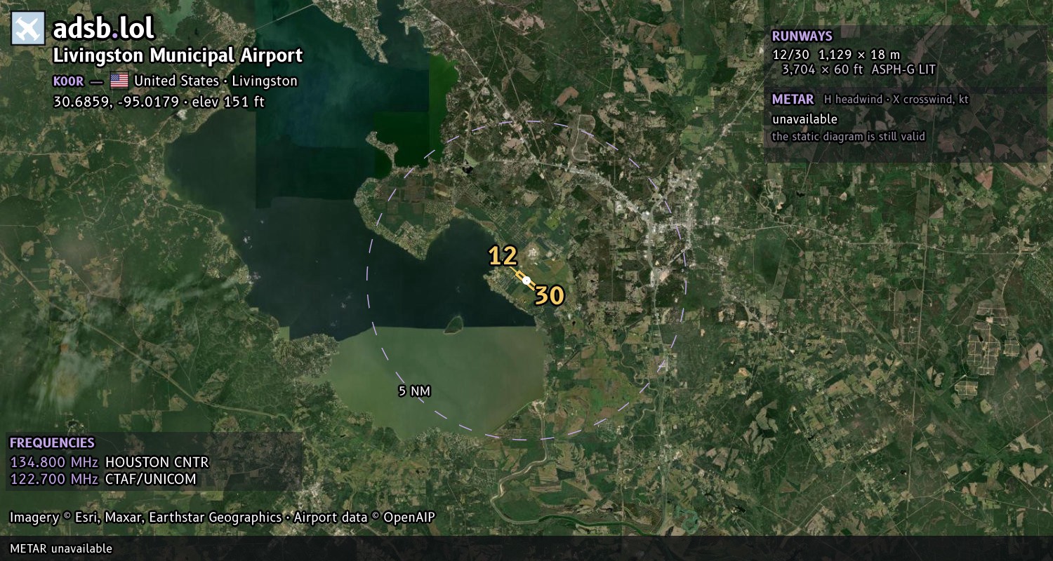 Satellite map with the runway layout of Livingston Municipal Airport (K00R)