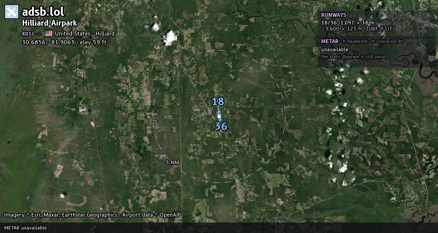 Satellite map with the runway layout of Hilliard Airpark (K01J)